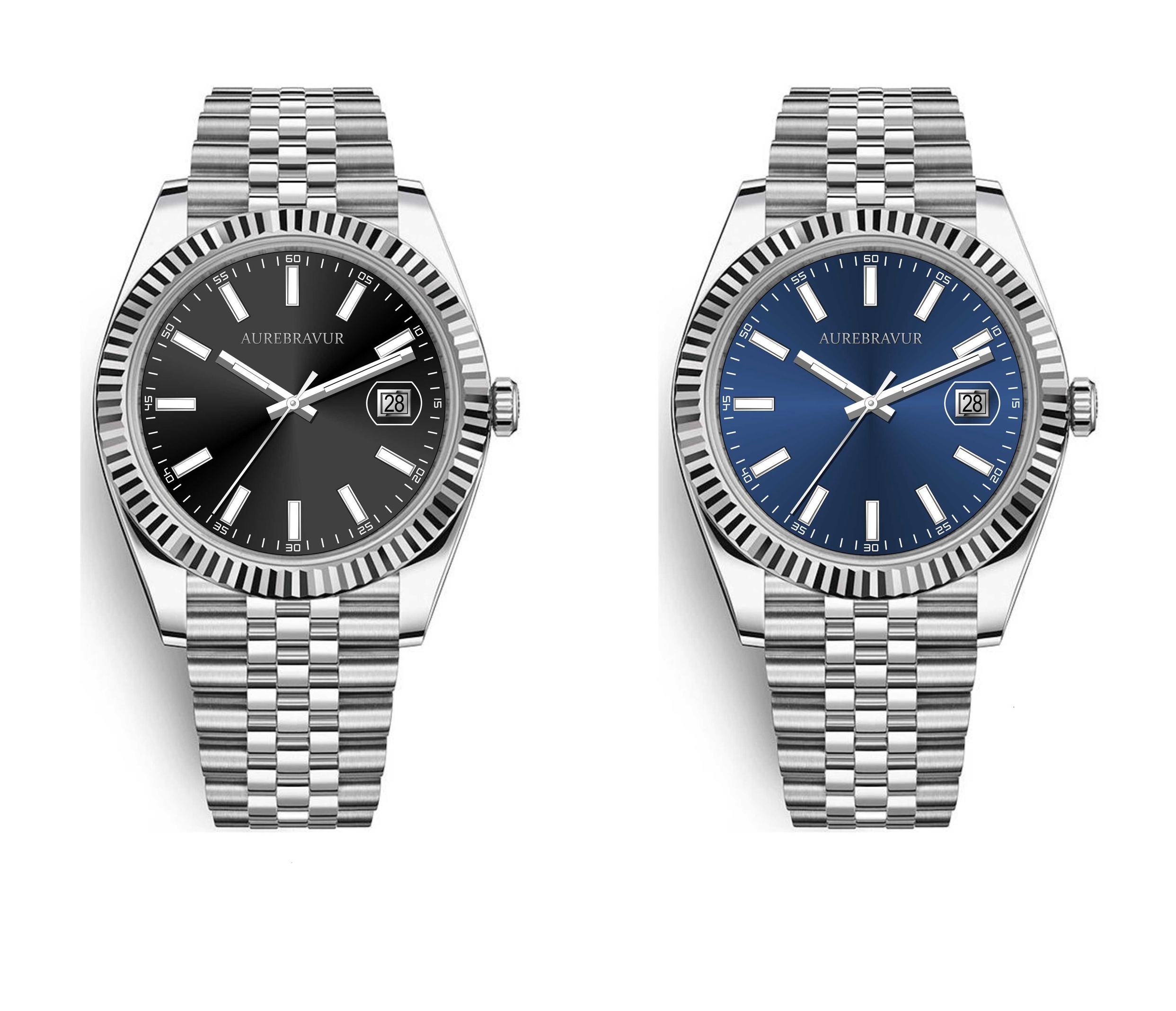 Two silver watches with black and blue faces on a white background